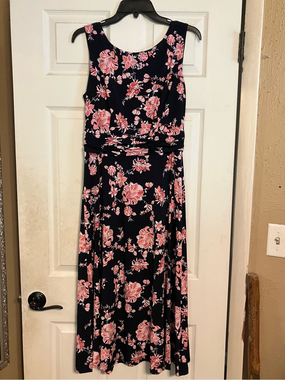 Women’s connected apparel Navy Floral Dress with Coral Pink Blooms Size 10
